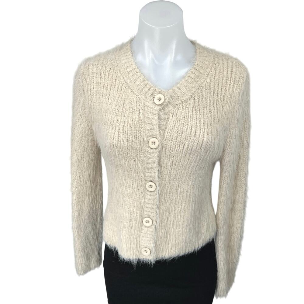 Zara Cream Faux Fur Fuzzy Long Sleeve Button Up Cardigan Sweater Jacket Top S